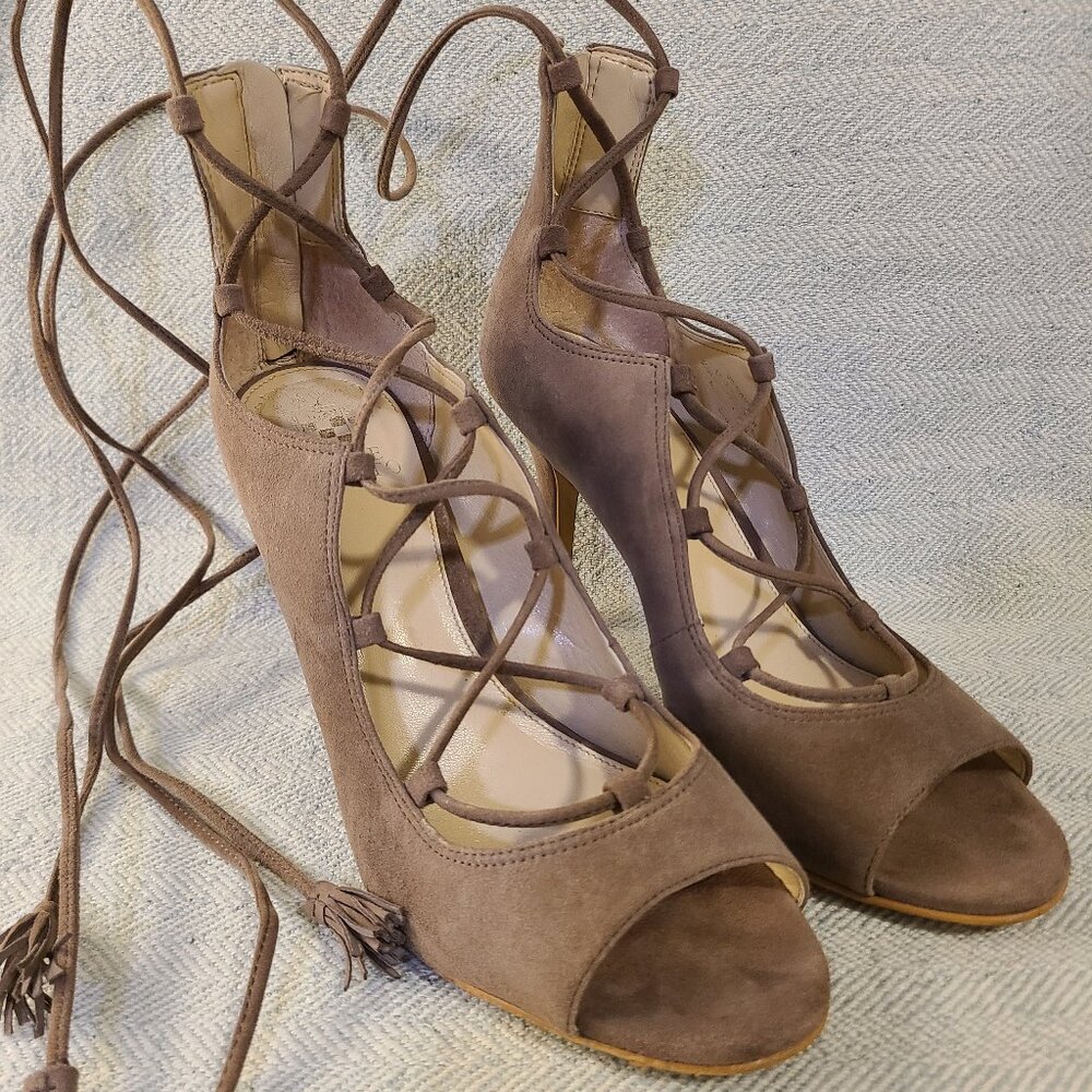Vince Camuto lace up tan suede heels size 8